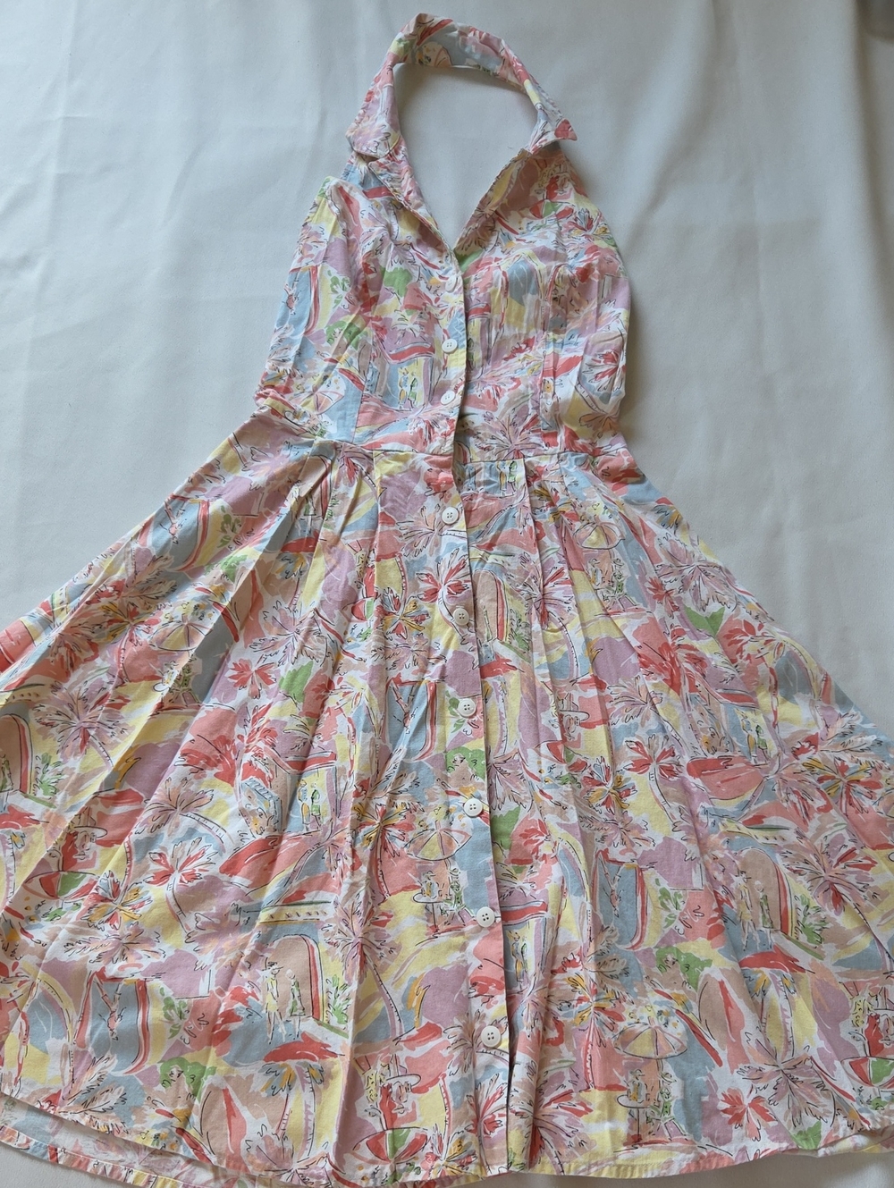 Vintage Carol Anderson Cali Sleeveless Halter Midi Dress Resort Print Size Mediu